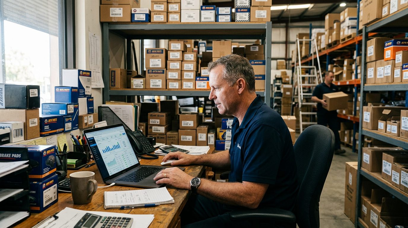Reseller checking a competitor price monitoring dashboard on a laptop in a warehouse of auto parts